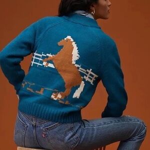 Anthropologie TINY Horse Equine Zip Front Cardigan Sweater Equestrian Derby